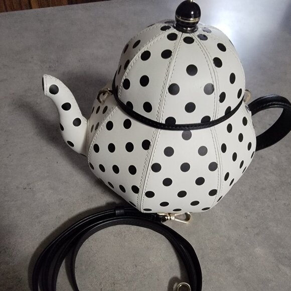 Kate Spade - Polka Dot Tea Pot Kettle Bag, Black & White - Picture 1 of 8